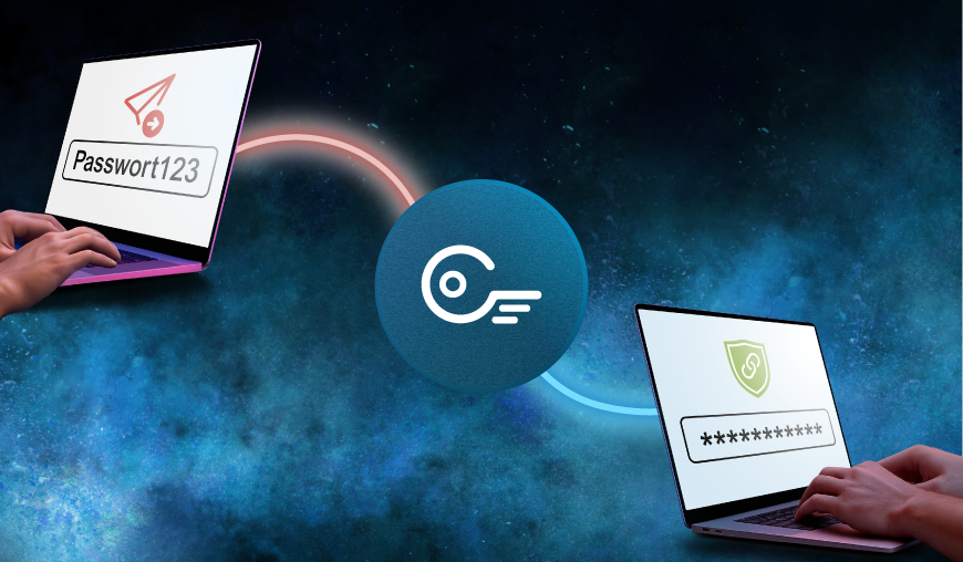 Illustration eines sicheren Passworttransfers zwischen zwei Laptops, dargestellt mit Sicherheits- und Schutzsymbolen vor dunklem Hintergrund.