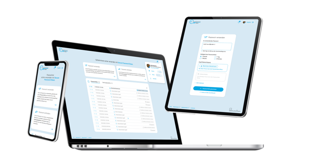 Smartphone Tablet und Laptop mit Secure Password Share auf dem Screen